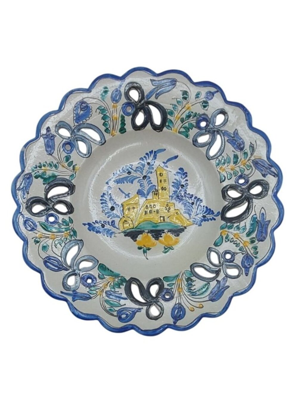 Vintage Majolica Hand Painted Pierced Scalloped Decorative Ceramic Wall Plate